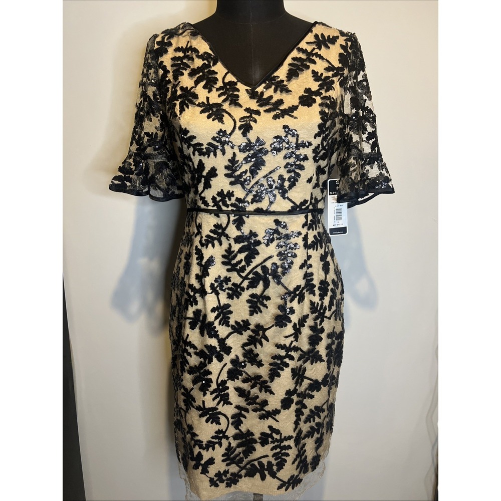 NWT Dress By Shani Nude With Sheer Overlay Black Sequin Cocktail Wedding Size  8